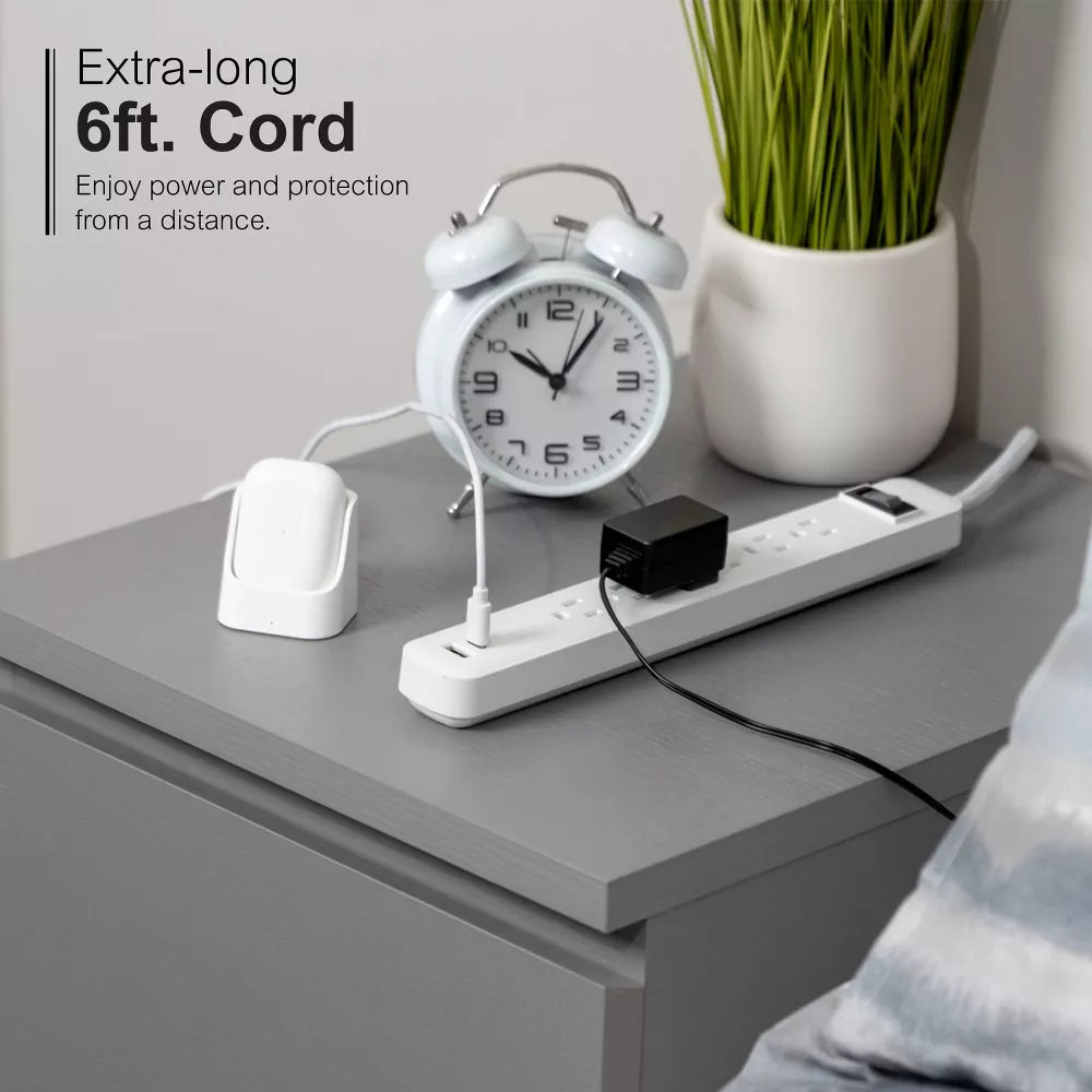 6-Outlet Power Strip with USB-A & USB-C Ports and 6ft Braided Flat Plug Cord